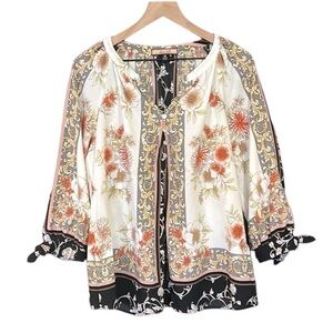 Olive Hill Cream Black Floral Print Tie Sleeve Lightweight Loose Fit Top Medium